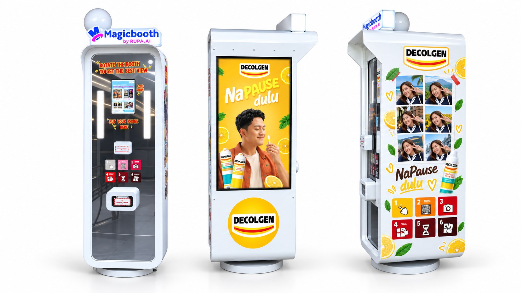 Usulan branding open booth Le Braga dari sisi depan, layar, dan panel samping